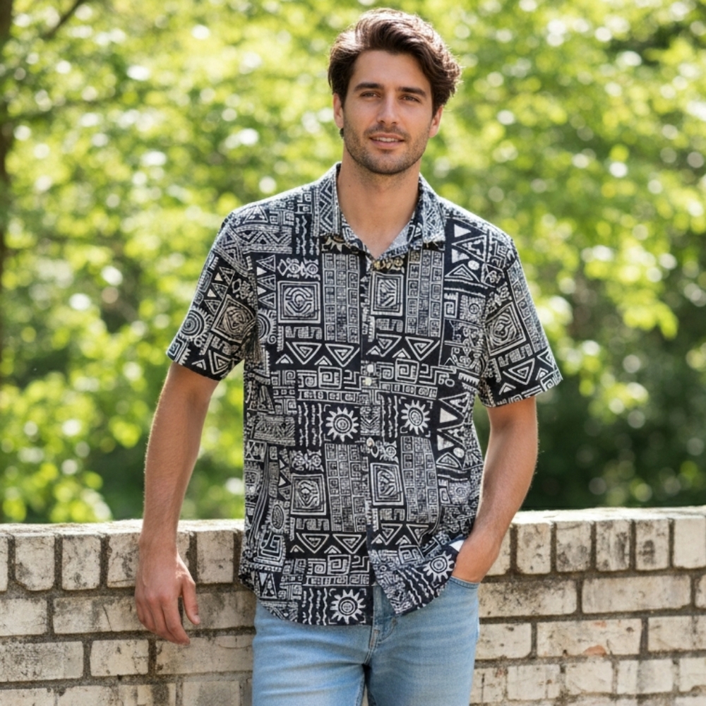 Folk Clothing Machu Short Sleeve Linen Camp Aztec Southwestern Skater Shirt Sz L